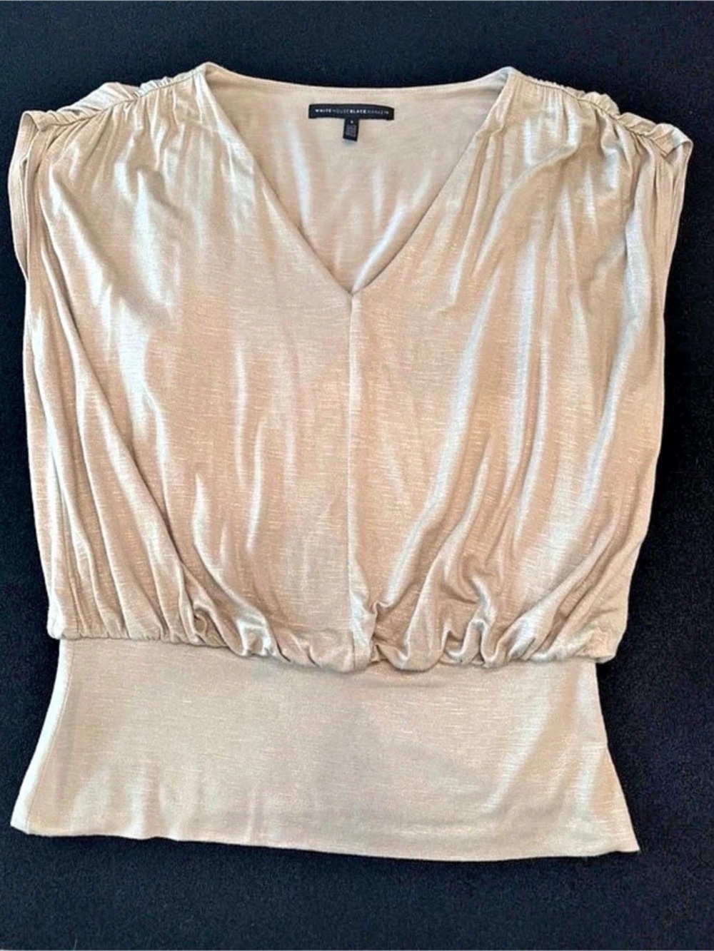 White House Black Market Ruched V-Neck Top in Beige Small Like New